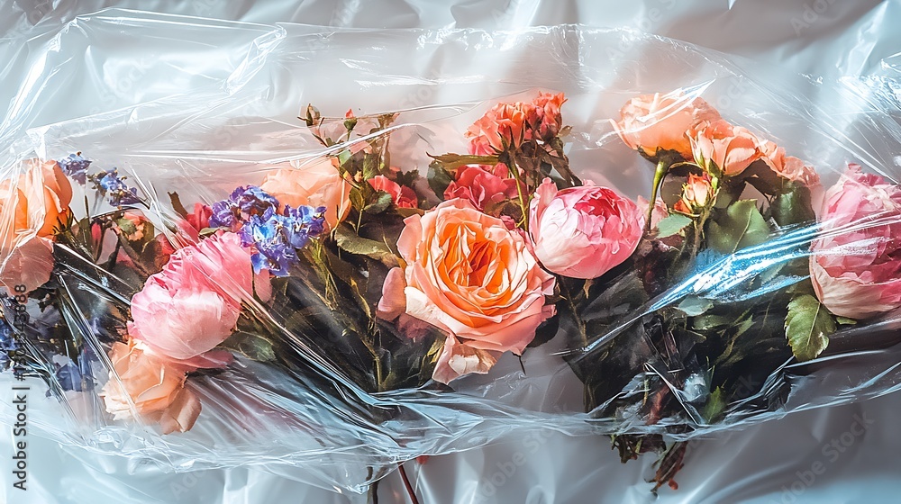 Aufkleber elegant arrangement of assorted roses and spring flowers wrapped in plastic capturing a vibrant esse