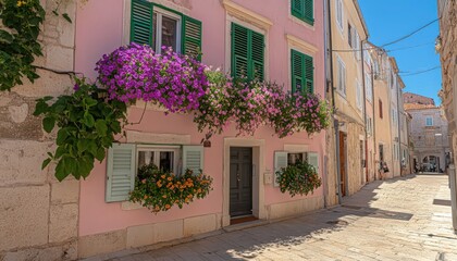 Fototapeta premium Pink Building with Flower Boxes on a Sunny Cobblestone Street