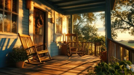 A quaint and inviting front porch scene at golden hour