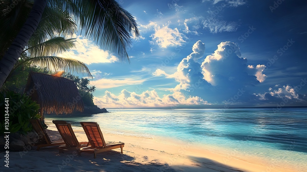 Aufkleber tranquil beachfront scene with sun loungers under palm trees and a serene ocean view : generative ai