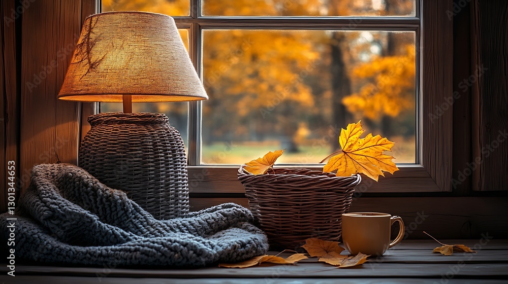 Aufkleber inviting autumn decor featuring a stylish basket and mug next to a bright window with fall foliage :
