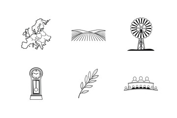 Naklejka premium European Farmland Icons Landscape, Windmill, Clock, Olive Branch