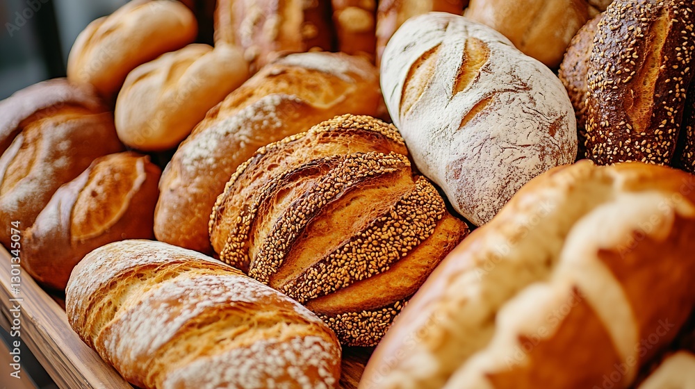 Poster an exquisite assortment of fresh baked breads in a basket showcasing various shapes textures and app