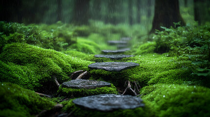 Rainy Forest Path Through Mossy Ground