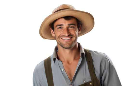 Male farmer on transparent background – Isolated agriculture worker with traditional farming outfit – Perfect for farming, agribusiness, rural life, organic agriculture, and food production industry u