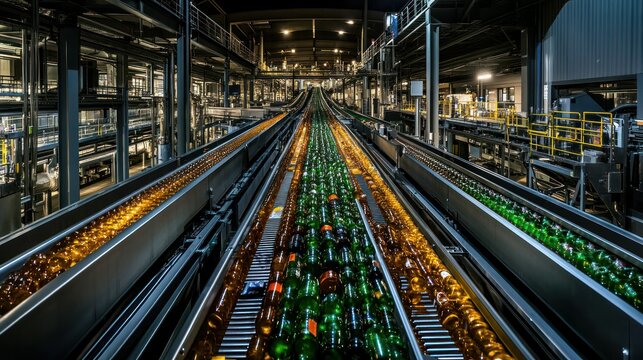 Conveyor belts transporting bottles through a manufacturing production facility