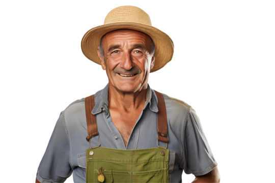 Male farmer on transparent background – Isolated agriculture worker with traditional farming outfit – Perfect for farming, agribusiness, rural life, organic agriculture, and food production industry u