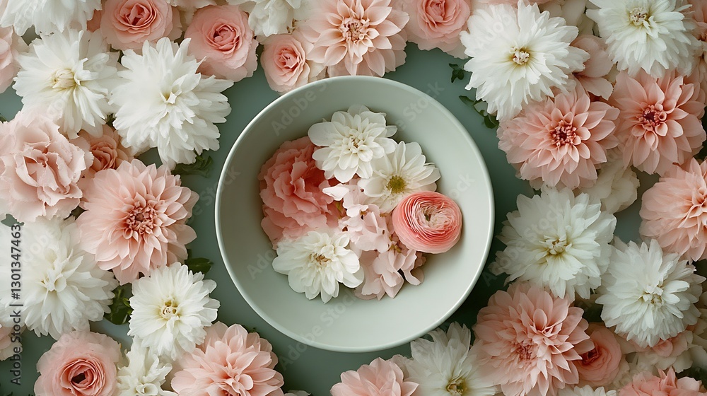 Poster elegant display of pastel pink and white flowers in a bowl surrounded by petals creating a serene at