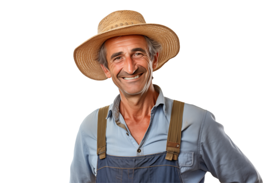 Male farmer on transparent background – Isolated agriculture worker with traditional farming outfit – Perfect for farming, agribusiness, rural life, organic agriculture, and food production industry u