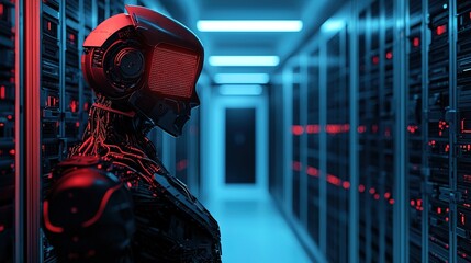 Ai-powered robotics system data center digital art high-tech environment side view future innovation