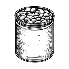 Detailed vector engraved illustration of a cylindrical can filled with coffee beans for product design applications