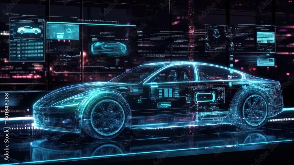 Poster a digital blueprint of an electric automobile displayed in a futuristic setting