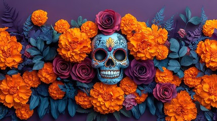 Day of the Dead background with sugar skull, marigolds, and roses against a purple backdrop.