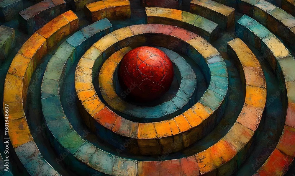 Poster abstract maze of colors with a spherical central focus point design