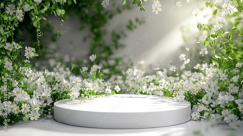 Poster beautiful natural setting with a simple white platform amidst blooming daisies : generative ai
