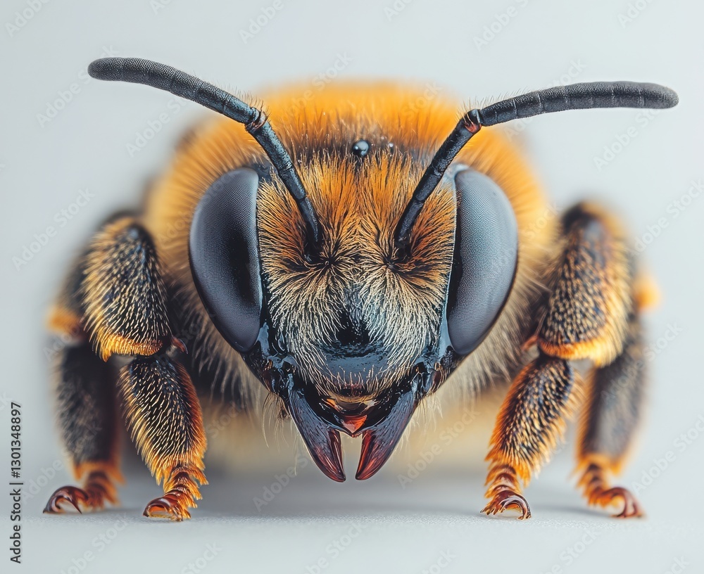 Poster close-up view of a bee with detailed features captured in high resolution, highlighting its fur and 
