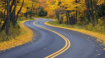 Fototapeta premium Winding road in autumn leads through beautiful colorful forest scenery