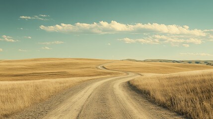 Obraz premium A winding dirt road leads through fields of golden grass