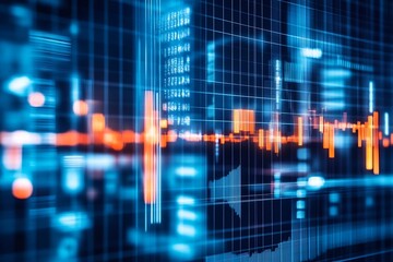 Vibrant blue and orange color scheme highlighting digital sound waves with a grid showcasing market activity and trends : Generative AI