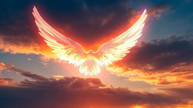 Fiery Angel Wings Soar Sunset Sky