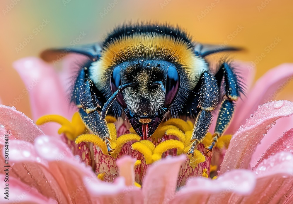 Poster close-up view of a bumblebee collecting nectar on a colorful flower with dew drops and vibrant backg