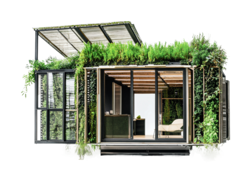Innovative green architecture showcasing a sustainable living space with lush plants in a modern design, cut out