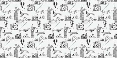 Hand Drawn Travel Doodle Seamless Pattern – Black and White Vector Illustration with Airplanes, Suitcases, Cameras, Hot Air Balloons, Big Ben, and Mountains for Tourism and Adventure Designs