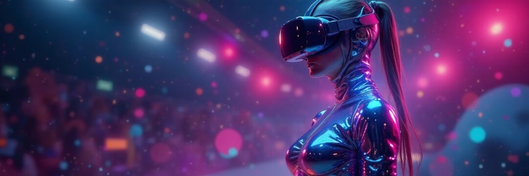 Futuristic metallic bodysuit with holographic accents in a virtual reality setting, technology, holographic