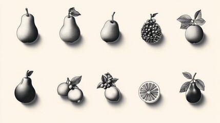 Fruits Illustrations, Monochrome, Flat Style