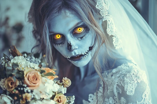 A beautiful blue-skinned zombie bride with yellow eyes 