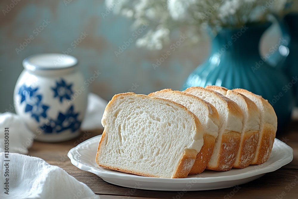 Poster artistic close-up of slices of soft bread displaying freshness on a simple plate : generative ai
