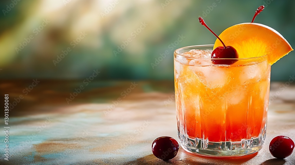 Aufkleber refreshing summer cocktail served in a glass with cherry and orange slice on a colorful background :