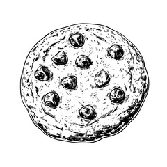Naklejka premium Vector engraved illustration of a cookie with chocolate chips for product design and branding