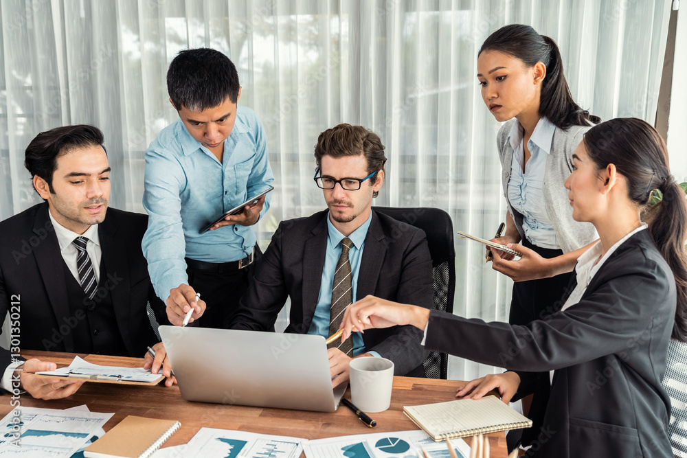 Aufkleber diverse group of business analyst team analyzing financial data report paper on office table. chart 