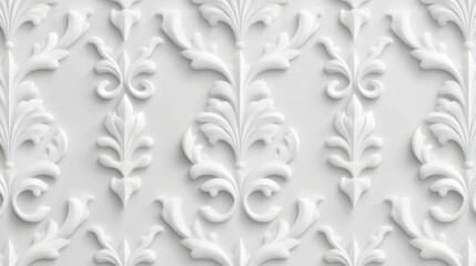 Elegant white relief pattern resembling classic floral motifs on a subtle background, perfect for interior design projects, wallpaper designs, or upscale branding