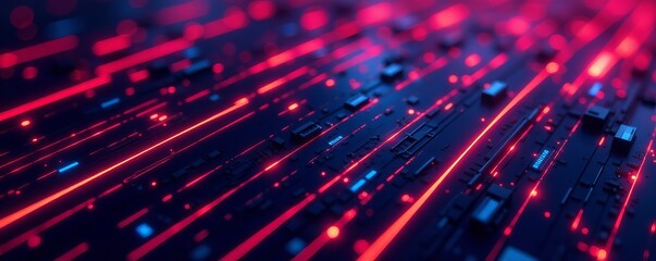 Glowing neon lines on dark background resembling futuristic circuit board, abstract, glowing
