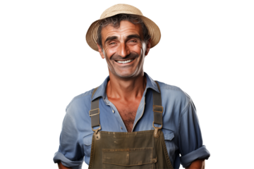 Male farmer on transparent background – Isolated agriculture worker with traditional farming outfit – Perfect for farming, agribusiness, rural life, organic agriculture, and food production industry u