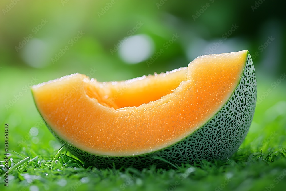 Aufkleber Cantaloupe Melon Slice on Grass with Bright Colors and Shiny Texture in Natural Setting : Generative AI