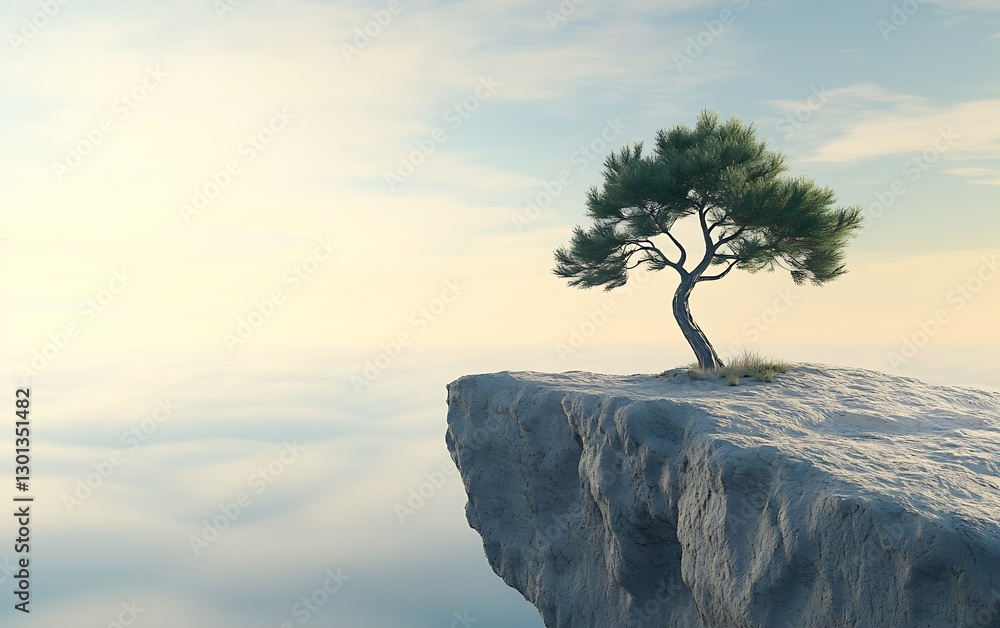 Poster majestic pine tree standing proudly on a cliff overlooking serene ocean and soft clouds at sunrise o