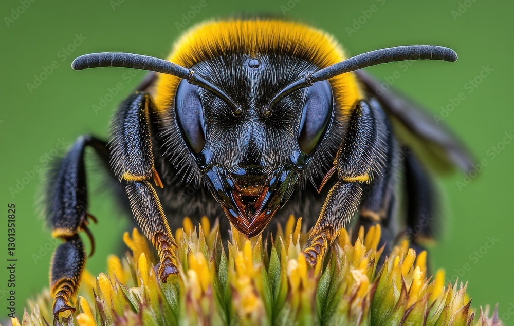 Poster close-up view of a bumblebee on a flower with detailed features highlighting the texture and colors 