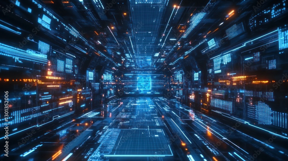 Poster a futuristic digital corridor with complex illuminated data structures