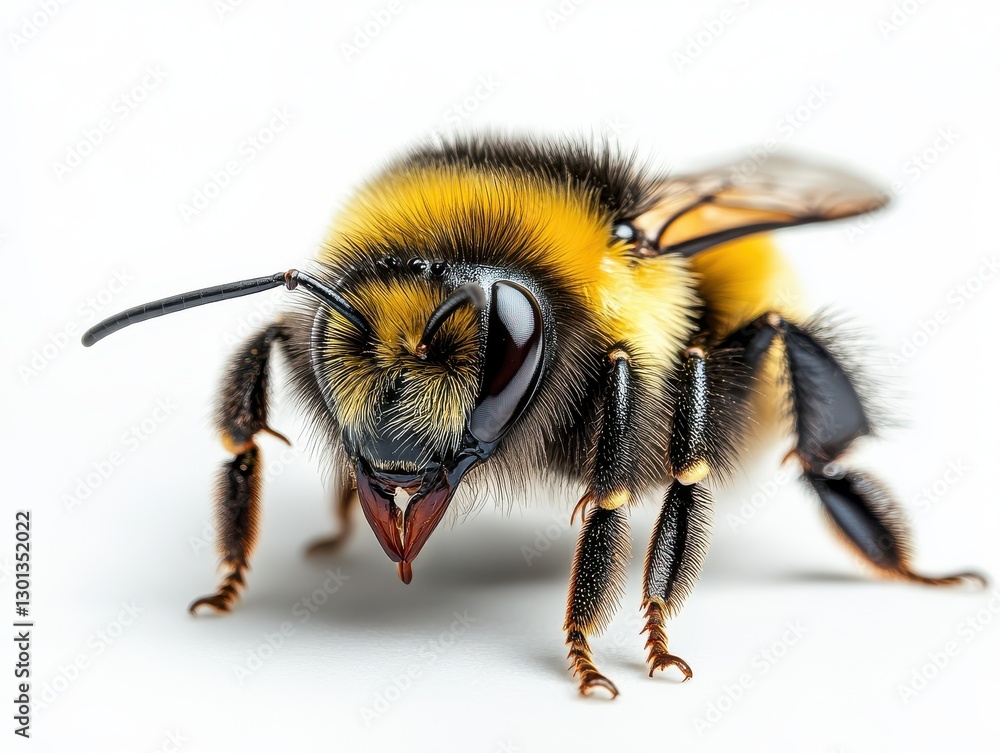 Poster close-up view of a bumblebee on a pale background, capturing intricate details of its fuzzy body and
