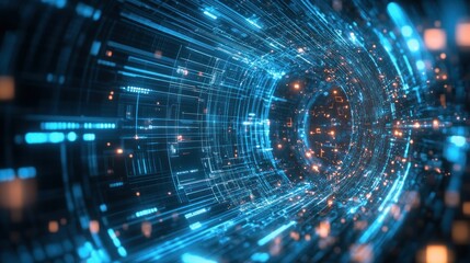 Fototapeta premium Digital tunnel with glowing lines and particles traveling through it