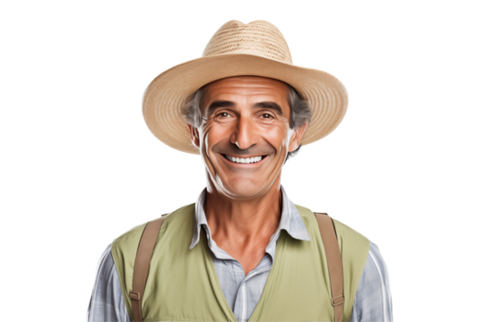 Male farmer on transparent background – Isolated agriculture worker with traditional farming outfit – Perfect for farming, agribusiness, rural life, organic agriculture, and food production industry u