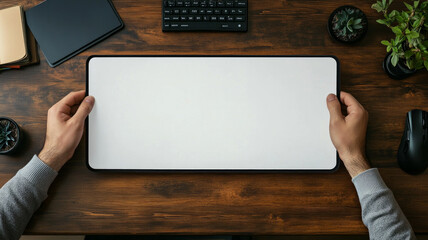 A person is holding a white computer mouse pad