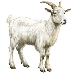 Fototapeta premium A charming illustration of a fluffy white goat with elegant horns, showcasing its gentle expression against a clean background.