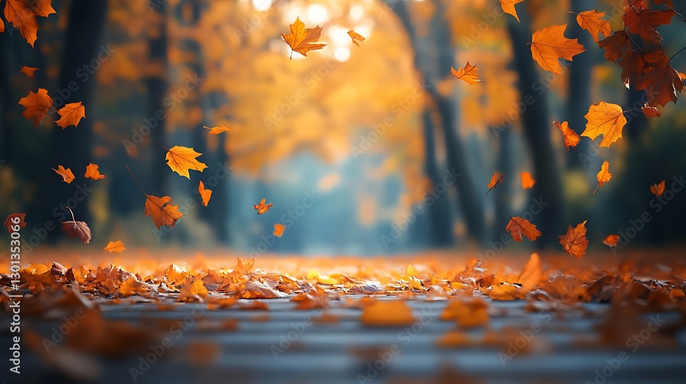 Poster Beautiful scene of autumn leaves falling in a serene park with warm golden light filtering through trees : Generative AI