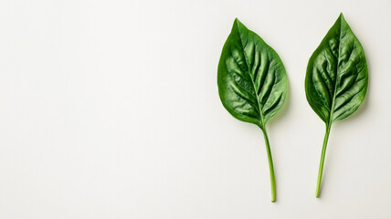 Fototapeta premium Two green leaves are on a white background