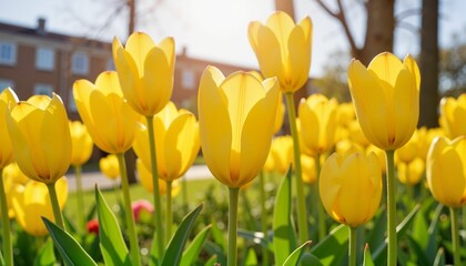 Vibrant yellow tulips blooming in outdoor garden, natural beauty