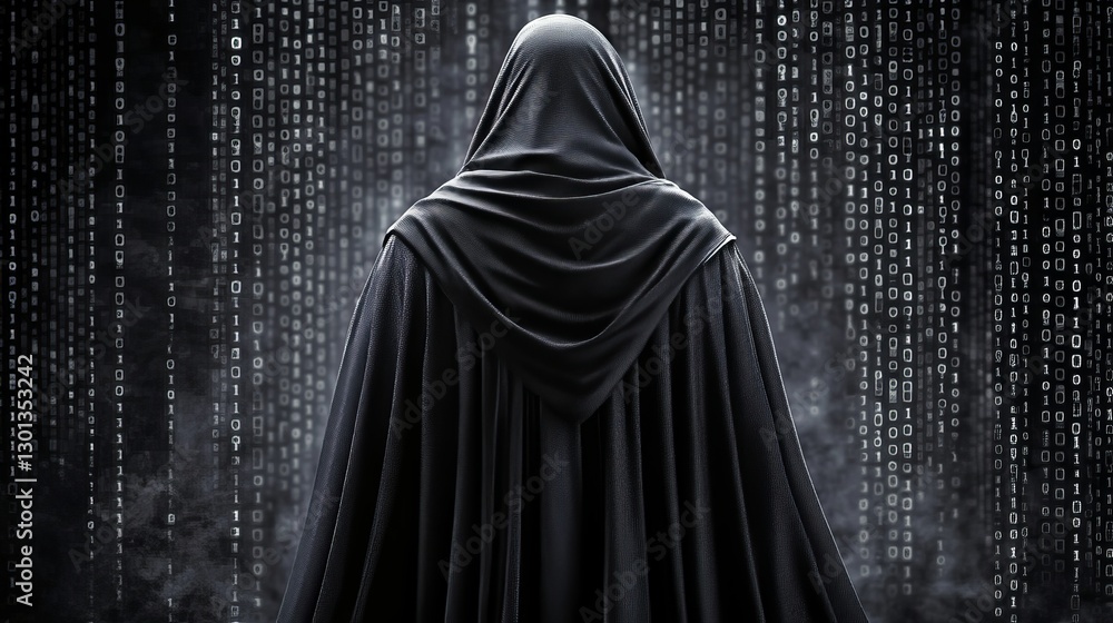 Poster mysterious hooded figure dark cloak digital binary code background enigma secret hacker technology m